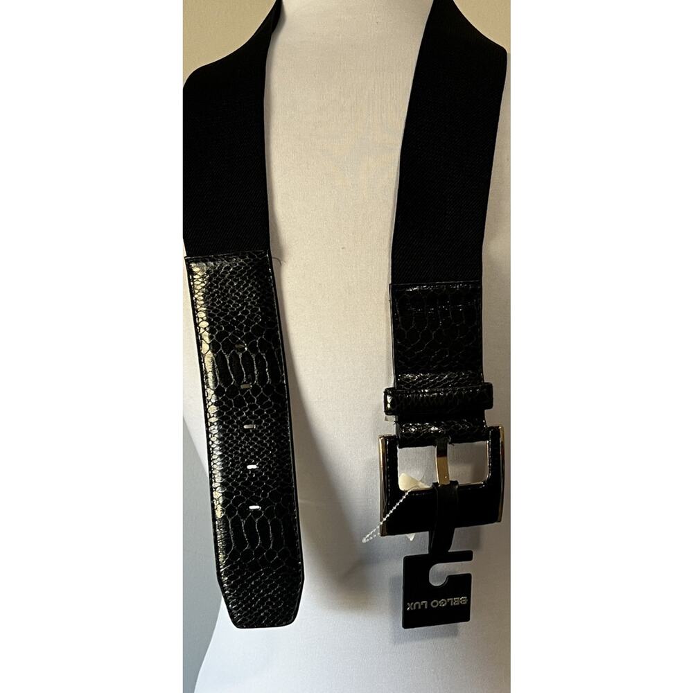 NWT Belgo Lux Black Stretch Wide Belt With Brass Croc Buckle Women M Vintage